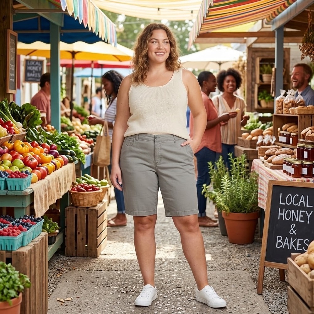 Outdoor Aesthetic Casual Utility Shorts Lane Bryant Plus Size Cotton Flat Front